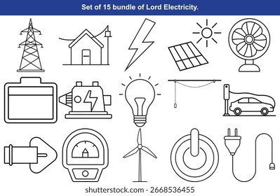 Um conjunto de ilustrações artísticas desenhadas à mão descrevendo vários aspectos da geração de eletricidade, consumo e tecnologias relacionadas.