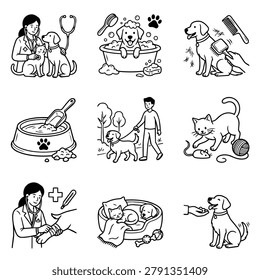 A set of hand-drawn line art illustrations depicting various aspects of pet care and veterinary services.