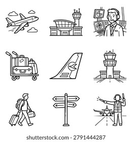 A set of hand-drawn line art illustrations depicting various airport and travel elements like airplanes, control towers, and luggage.