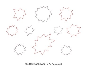 A set of hand-drawn line art illustrations with a spiky, crackling texture. (red)