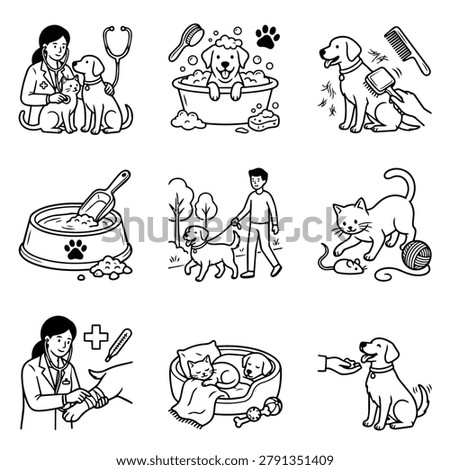 A set of hand-drawn line art illustrations depicting various aspects of pet care and veterinary services.