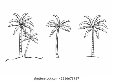 
handgezeichneter Satz von Kunstpalmen, Vektorgrafik, Sommersonnenuntergang Tropischer Strandpalme, Vektorsilhouette, Sommerstrand, LinienKokosnussbaum, Vektorgrafik, natürlicher Palm Art 
