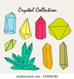 Set of hand-drawn line art polygonal crystals. 