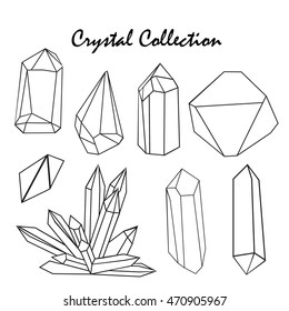 Set of hand-drawn line art polygonal crystals. 