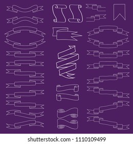 Set of hand-drawn line art white banners in doodle style isolated on ultra violete background