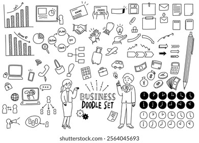 Set of hand-drawn line business people and business icons