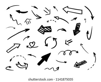 Set of hand-drawn line doodle black arrows. Creative linear pointers and symbols illustration. - Vector