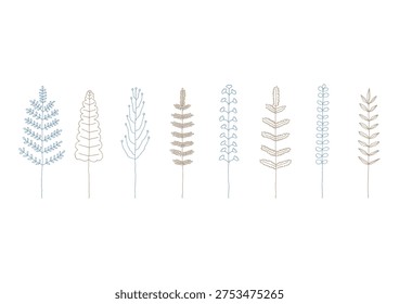 A set of hand-drawn line drawings of plants such as ferns and cycads
