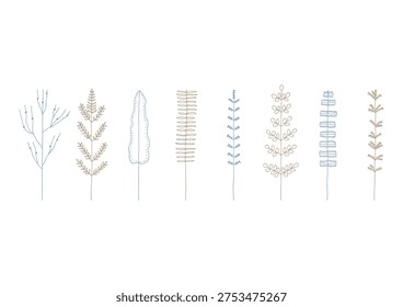 A set of hand-drawn line drawings of plants such as ferns and cycads