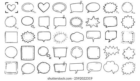 set of hand-drawn line elements featuring doodle pen signs, sparkles, stars, glitter, hearts, and floral objects. Includes decorative pencil strokes, curved symbols, and shapes, perfect for sketch-sty