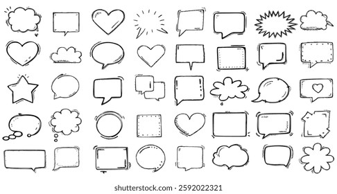 set of hand-drawn line elements featuring doodle pen signs, sparkles, stars, glitter, hearts, and floral objects. Includes decorative pencil strokes, curved symbols, and shapes, perfect for sketch-sty