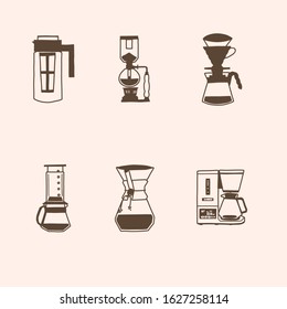 Set of hand-drawn line icons of coffee makers. Alternative coffee brewing methods illustration. Simple design element for branding, website, app.