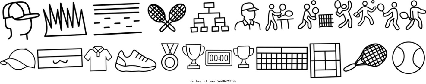 Conjunto de ícones de linha desenhados à mão relacionados ao tênis e esportes, incluindo raquetes, quadra, jogadores, treinador, troféus, bola e placar. Perfeito para projetos de design esportivo.