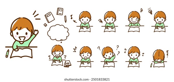 Set of hand-drawn line illustrations of boys studying with various expressions