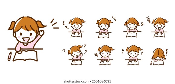 Set of hand-drawn line illustrations of girls studying with various expressions