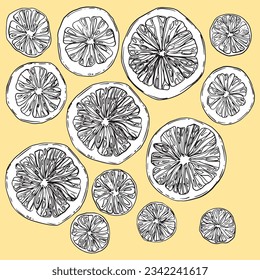 A set of hand-drawn linear art cut oranges 13 pieces of different sizes, black and white on a yellow background
