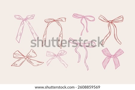 Set of hand-drawn linear style bows perfect for wedding and Valentine’s Day design. Includes a variety of romantic ribbon bows in different shapes and styles.