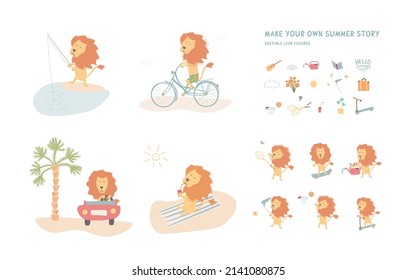 a set of hand-drawn lion, goes in for sports, rests, summer holidays - drawings for children (editable)