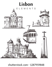 Set von handgezeichneten Lissabon-Gebäuden. Skizze der Elemente von Lissabon, Vektorgrafik.Nationales Pantheon von Portugal, Belem Tower, Gelbe Straßenbahn, Christo-Rei Statue.