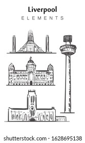 Set of hand-drawn Liverpool buildings  elements sketch vector illustration. Port of Liverpool building, cathedrals, Radio city tower