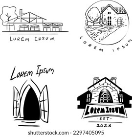 Set of hand-drawn logos Monochrome image. Houses and real estate.