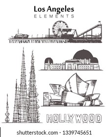 Conjunto de elementos de los edificios de Los Ángeles dibujados a mano esbozan la ilustración vectorial. Cartel de Hollywood, Parque Santa Mónica, Sala de Conciertos, Observatorio Griffith, Torres Watts.