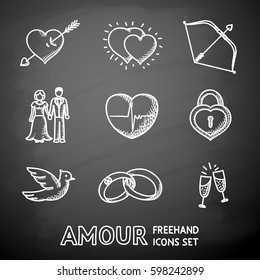 Set of handdrawn Love, Amour icons. Vector illustration