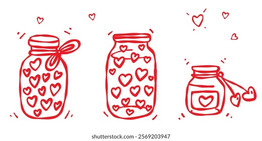 Set of hand-drawn love themed jars filled with hearts. Red line doodle contour isolated on a white background. Valentines Day, weddings, anniversaries, greeting cards, stickers, prints, web, decor