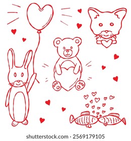 Set of hand-drawn love-themed animal icons: fish, rabbit, teddy bear, and cat with hearts. Perfect for Valentine s Day, weddings, anniversaries, greeting cards, stickers, prints, and more.