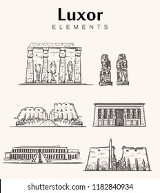 Set of hand-drawn Luxor buildings.Luxor sketch vector illustration.temples of Amun Ra,Karnak ,Hathor,Hatshepsut,Colossi of Memnon.