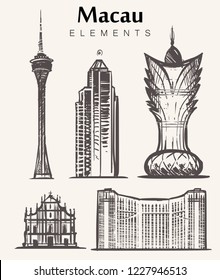 Set of hand-drawn Macau buildings.Macau elements sketch vector illustration.Grand Lisboa,Macau tower,Historic Centre.