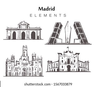 Set of hand-drawn Madrid buildings, elements sketch vector illustration.The Palace and the Cibeles fountain, Gates Of Europe, Puerta De Alcala, Arena Las Ventas.