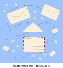 Set hand-drawn mail envelope. Vector drawing of an envelope for the Internet and print. Letter, delivery, messages, modern postal envelopes.