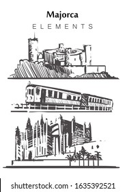 Set of hand-drawn Majorca buildings  elements sketch vector illustration. Belver Castle, Palm Cathedral, Vintage train