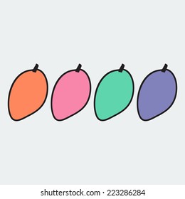 set of hand-drawn mango - illustration on the theme of the summer and autumn - farm, fruit, natural. Pink, green, violet and orange sweet and tasty mangoes.