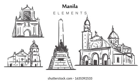 Set of hand-drawn Manila buildings  elements sketch vector illustration. 