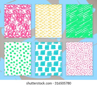 Set of hand-drawn marker doodle patterns. Vector colorful sketch background collection. Invitation card.