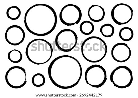 Set of hand-drawn marker line circles of varying sizes with jagged, ragged edges. Vector frames, text highlighters, templates, accents, textures, imprints, paint splatters, circles, and ellipses.