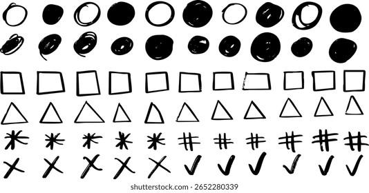 Set of hand-drawn marker shapes including circles, squares, triangles, asterisks, hashtags, crosses, and check marks. Ideal for annotations, highlights, or UX sketches. Vector EPS 10