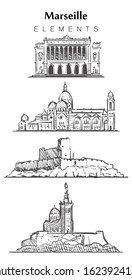 Set of hand-drawn Marseille buildings  elements sketch vector illustration. Chateau, Bourse Marseille, Basilica, Cathedral