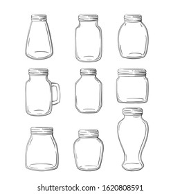 Set of hand-drawn mason jars. Vector jars set.