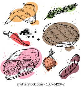 Set of hand-drawn meat products. Vector illustrations. Sketchy elements of menu.
