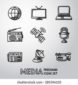 Set of handdrawn media icons - news, radio, tv, internet, earth, satellite, camera, microphone. Vector