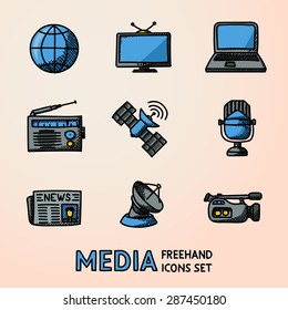 Set of handdrawn media icons - news, radio, tv, internet, earth, satellite, camera, microphone. Vector