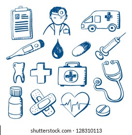 Ensemble de gribouillis médicaux dessinés à la main : image vectorielle de stock
