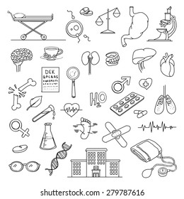 Set of hand-drawn medical doodles, vector illustration