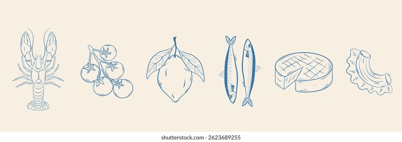 Set of hand-drawn Mediterranean food icons: lobster, tomatoes, lemon, sardines, cheese, pasta. Trendy minimalist ink sketch. Vector line illustration.