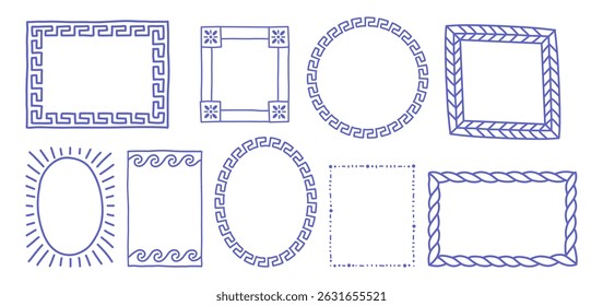 Set of hand-drawn Mediterranean frames with geometric and floral motifs: Greek key, waves, braids, and sun shapes. Perfect for cards, packaging, invitations, posters, and print design