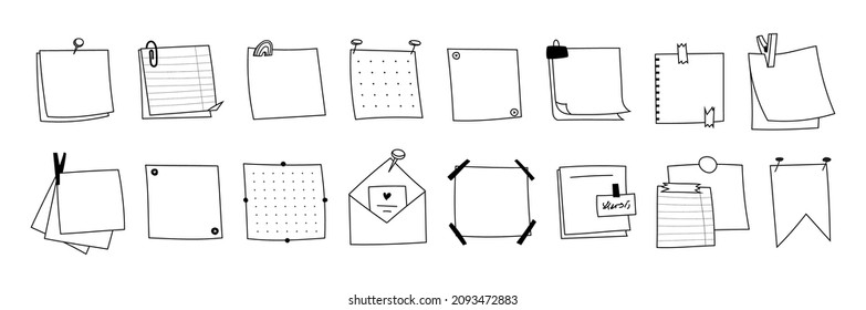 Set of hand-drawn Memo notepads paper outline. Doodle Blank square sheets of paper for notes. Various types of envelopes with pins, clips, stickers, tape. Vector of sketch reminders isolated.
