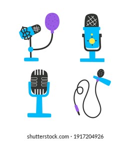 Set of hand-drawn microphones for recording audio, podcasts, and music. Bright vector illustration in a trendy style for banners, websites, packaging.